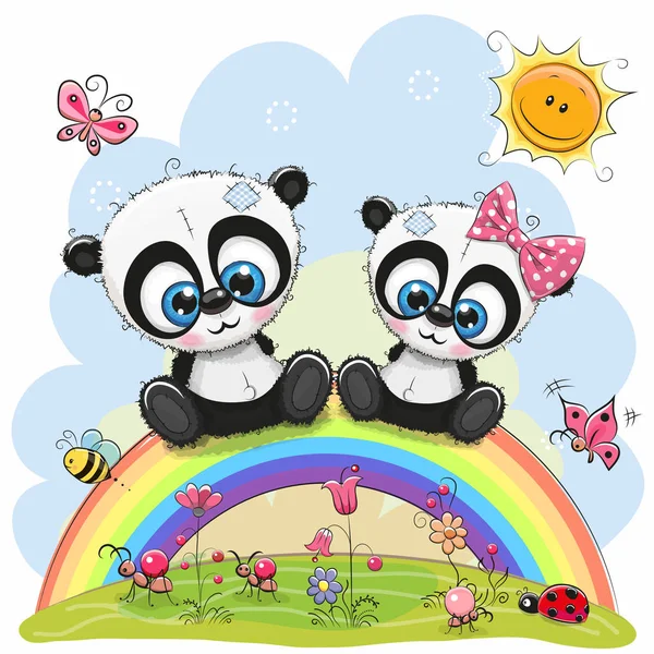 Két panda ül a szivárvány — Stock Vector