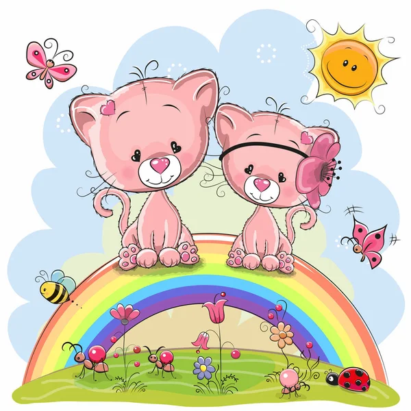 Two Pink Kittens are sitting on the rainbow — Stock Vector