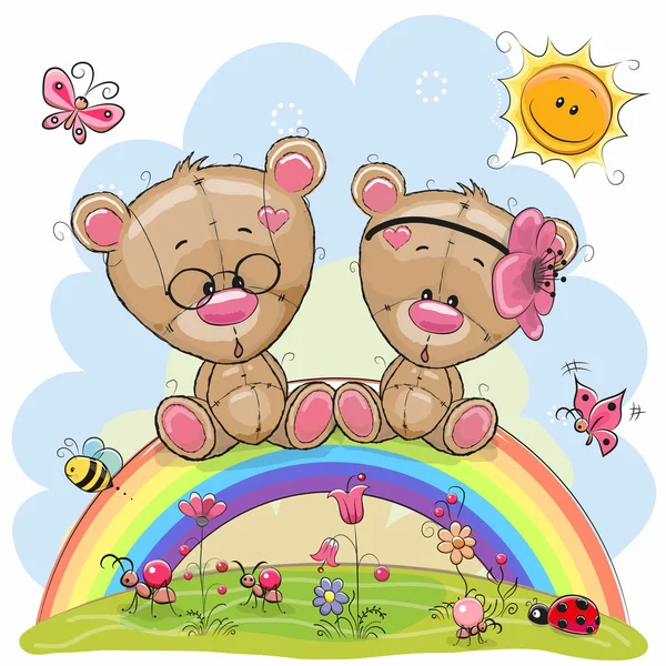 Two Teddy Bears are sitting on the rainbow — Stock Vector