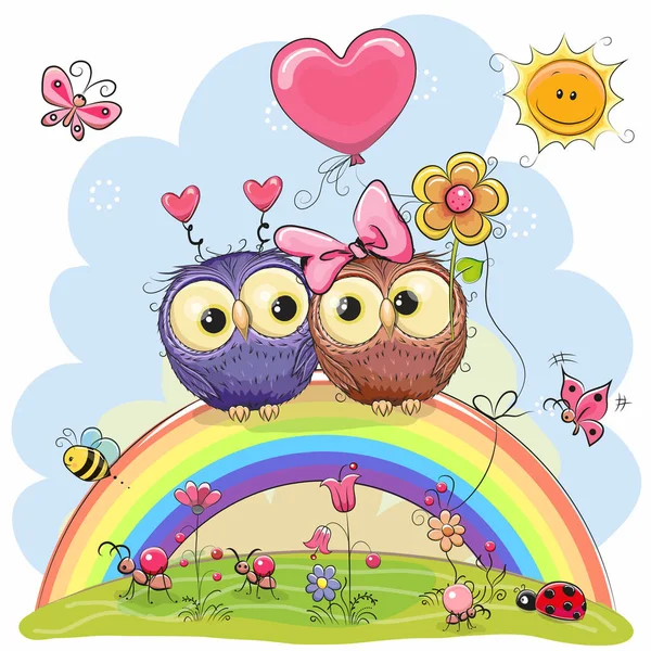 Two Owls are sitting on the rainbow — Stock Vector