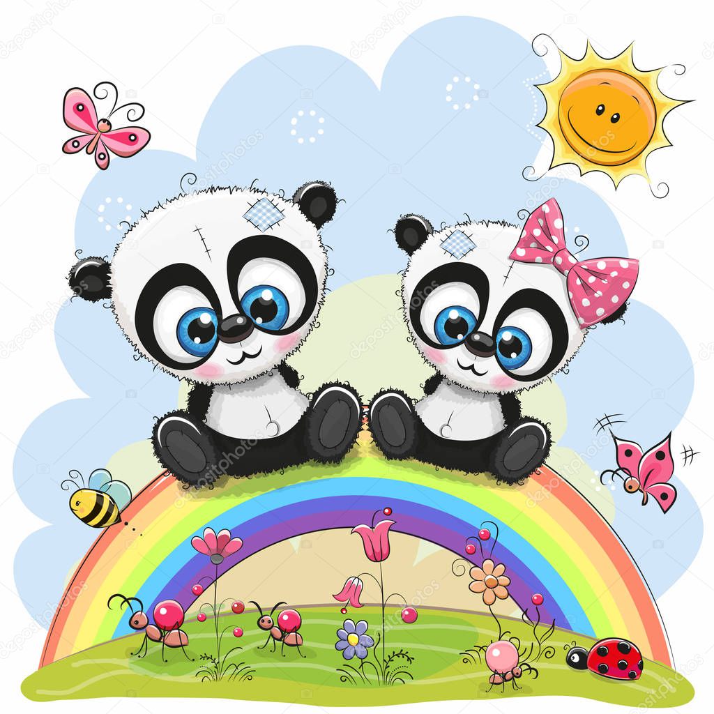 Two Pandas are sitting on the rainbow