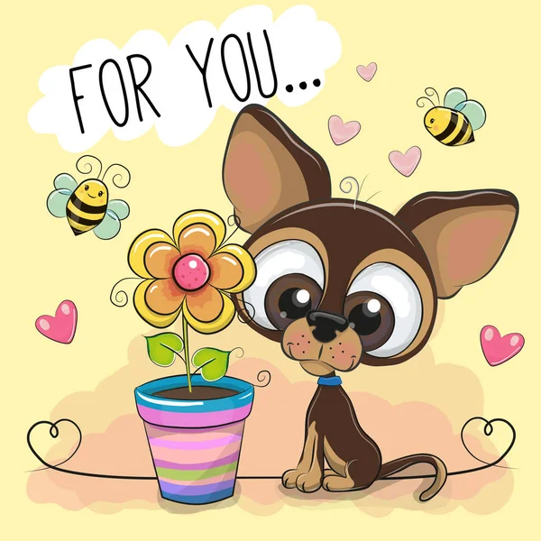 Schattige cartoon Puppy met bloem op oranje achtergrond — Stockvector