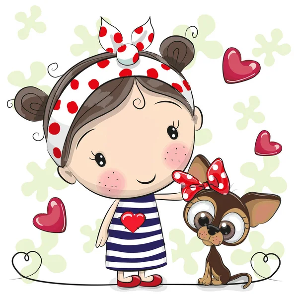 Cute Cartoon Puppy en een meisje — Stockvector