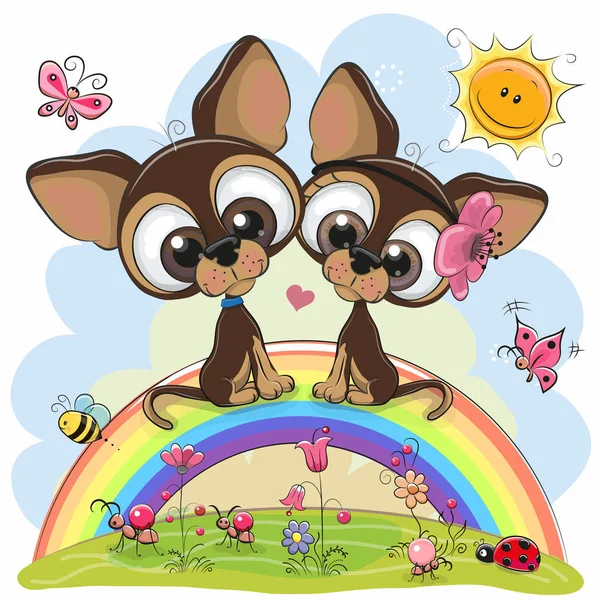 Twee schattige Puppies zitten op de regenboog — Stockvector