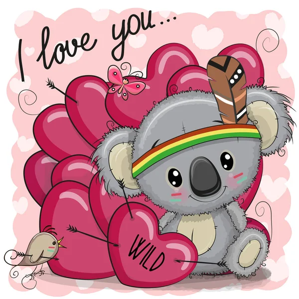 Mignon dessin animé tribal Koala avec des cœurs — Image vectorielle