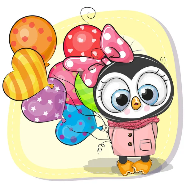 Carino Cartoon Penguin ragazza con palloncino — Vettoriale Stock