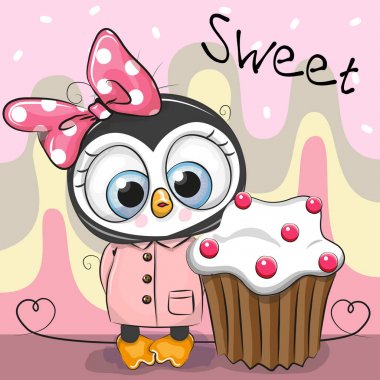 Pasta ile tebrik kartı sevimli penguen