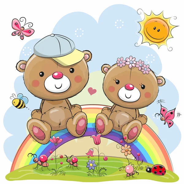 Due orsacchiotti sono seduti sull'arcobaleno. — Vettoriale Stock