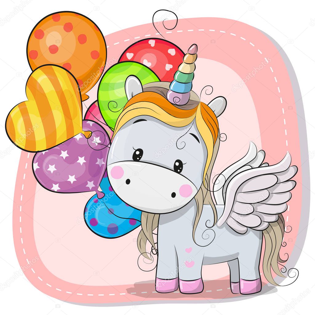 Cute Cartoon Unicorn with balloon — Stock Vector © Reginast777 180777532