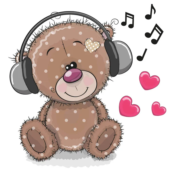 Bonito desenho animado Teddy Bear com fones de ouvido — Vetor de Stock