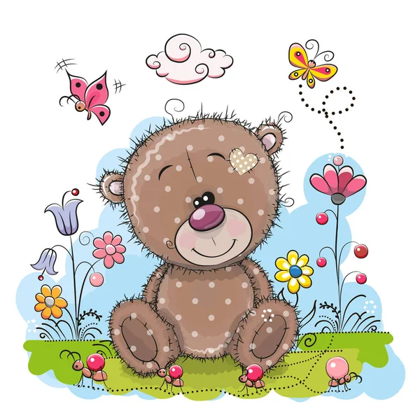 Χαριτωμένο αρκουδάκι κινούμενα σχέδια με λουλούδια — Διανυσματικό Αρχείο