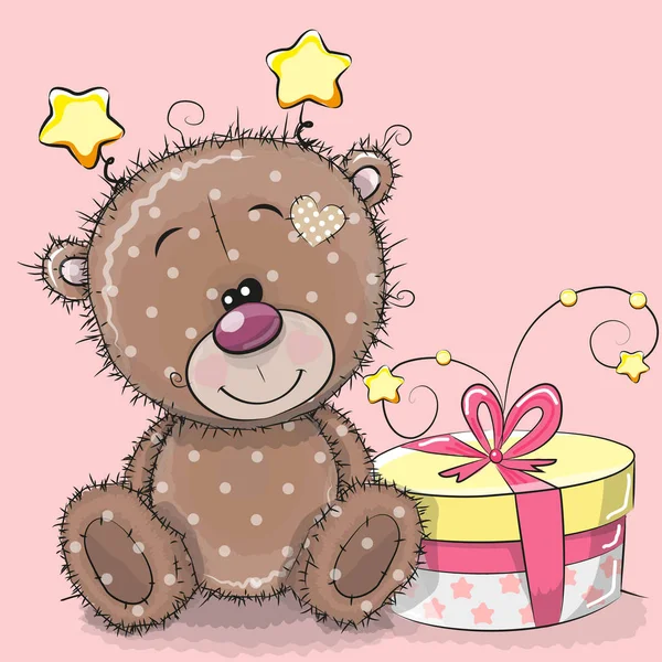 Tarjeta de felicitación lindo osito de peluche con regalo — Vector de stock