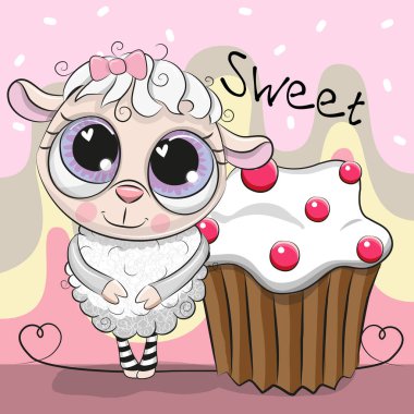 Pasta ile tebrik kartı sevimli koyun