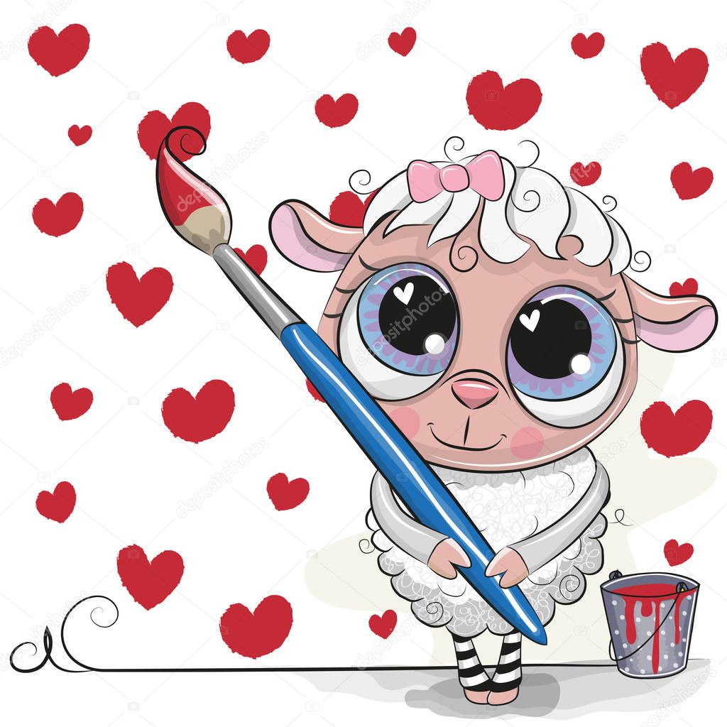Cute Sheep with brush is drawing a hearts