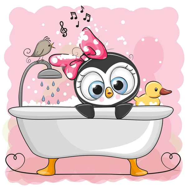 Mignon dessin animé Pingouin fille dans la salle de bain — Image vectorielle