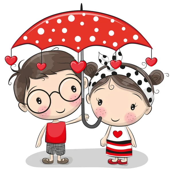 Niedlichen Jungen und Mädchen mit Regenschirm — Stockvektor