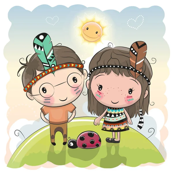 Schattige Cartoon tribal meisje en jongen met veer — Stockvector