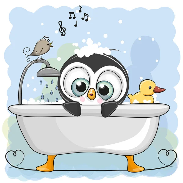 Lindo pingüino de dibujos animados en el baño — Vector de stock