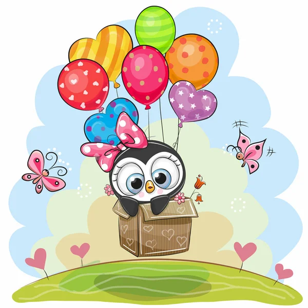 盒子里可爱的企鹅在气球上飞翔 — 图库矢量图片