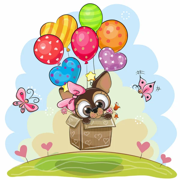 Lindo cachorro en la caja está volando en globos — Vector de stock