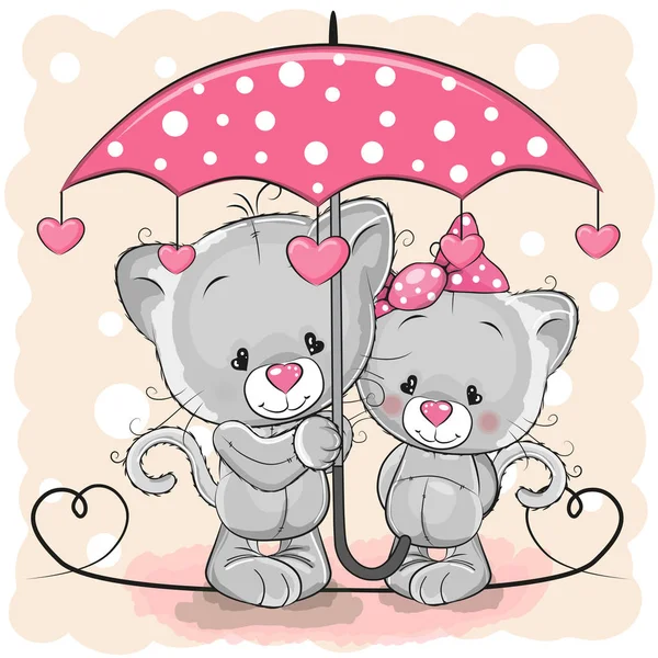 Two Cute Kittens with umbrella under the rain — Stock Vector