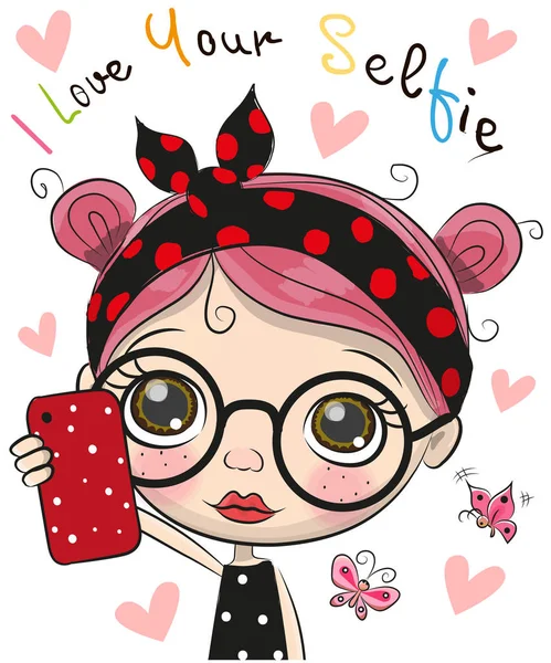 Xoartoon fille avec des lunettes fait selfie — Image vectorielle