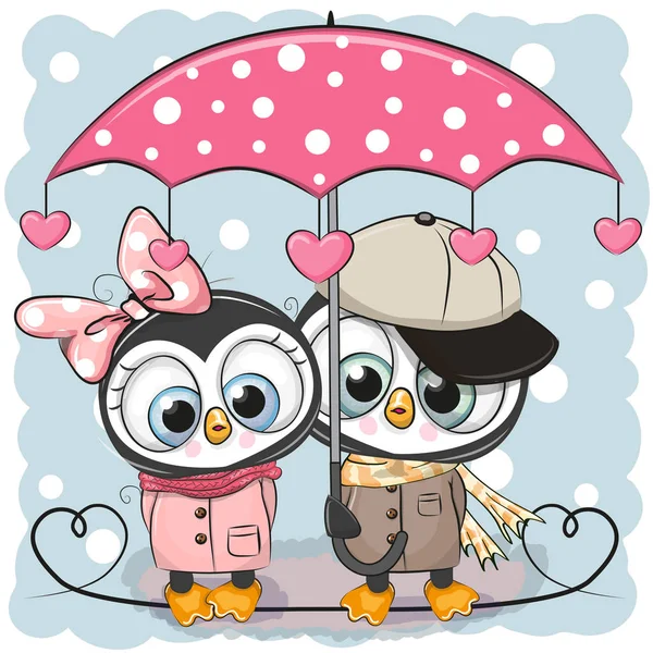 Two Cute Penguins with umbrella under the rain — Stock Vector