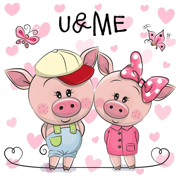 Две свиньи на фоне сердец — стоковый вектор