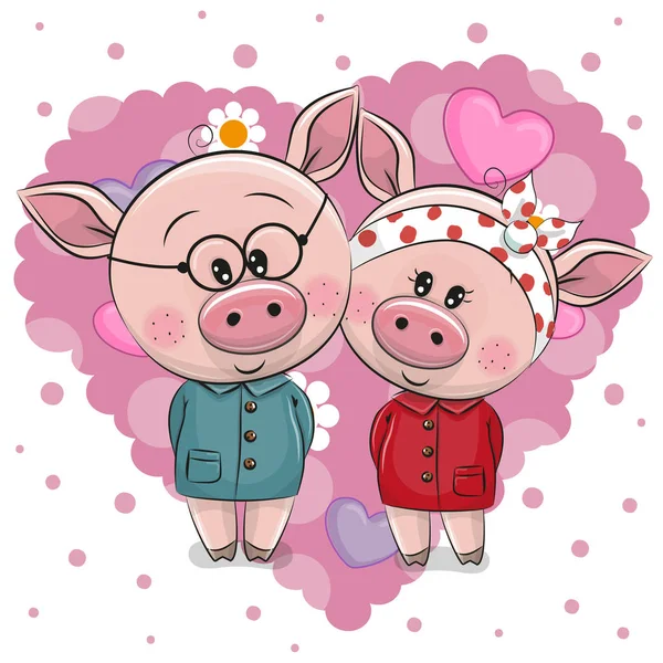 Deux cochons mignons sur un fond de coeur — Image vectorielle