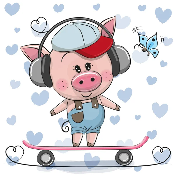 Söta tecknade grisen med skateboard — Stock vektor