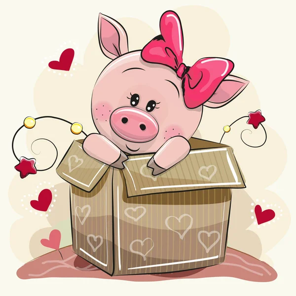 Carino Cartoon Piggy ragazza e una scatola — Vettoriale Stock