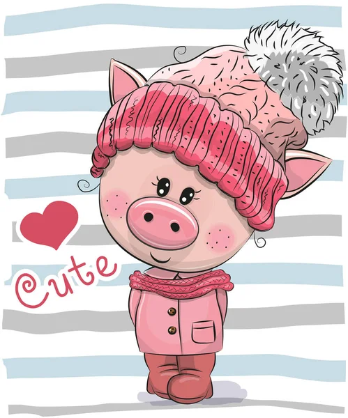 Linda chica de cerdo de dibujos animados en un sombrero y abrigo — Archivo Imágenes Vectoriales