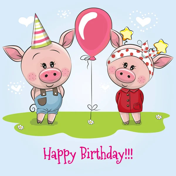 Cartão de aniversário com porcos bonitos — Vetor de Stock