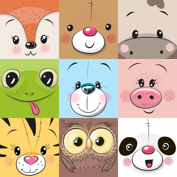 Conjunto de caras animales lindos — Vector de stock