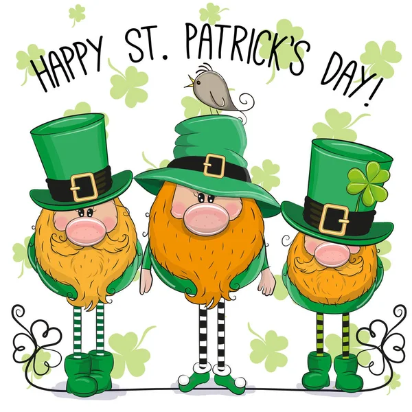 St. Patricks cartão de saudação com três duendes —  Vetores de Stock