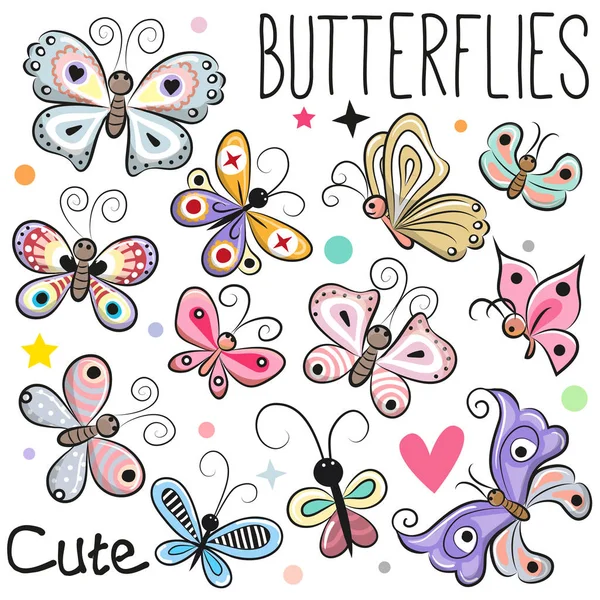 Conjunto de lindas mariposas de dibujos animados — Vector de stock