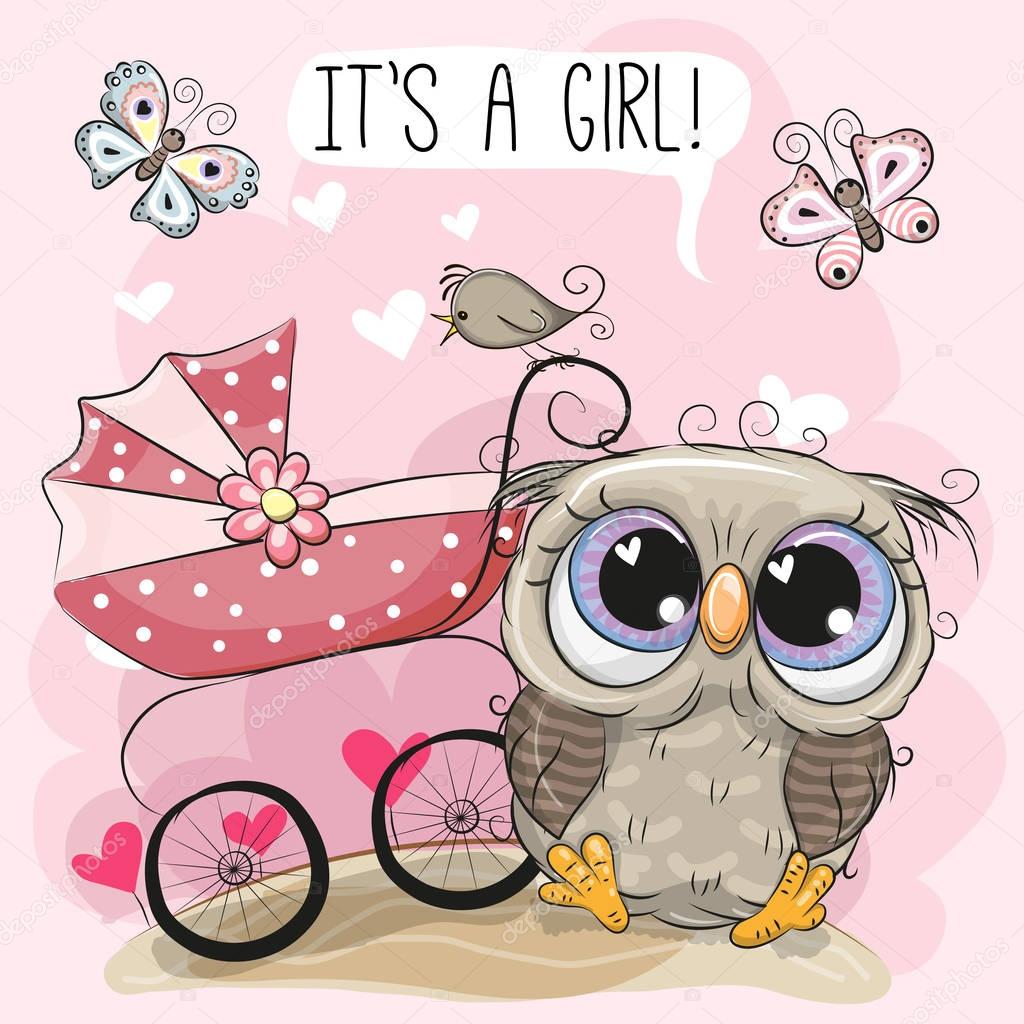 Greeting card it is a girl with baby carriage and Owl