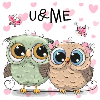 Two Owls on a hearts background clipart