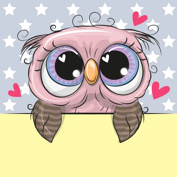 Carte de voeux mignon Cartoon Owl tient une pancarte — Image vectorielle