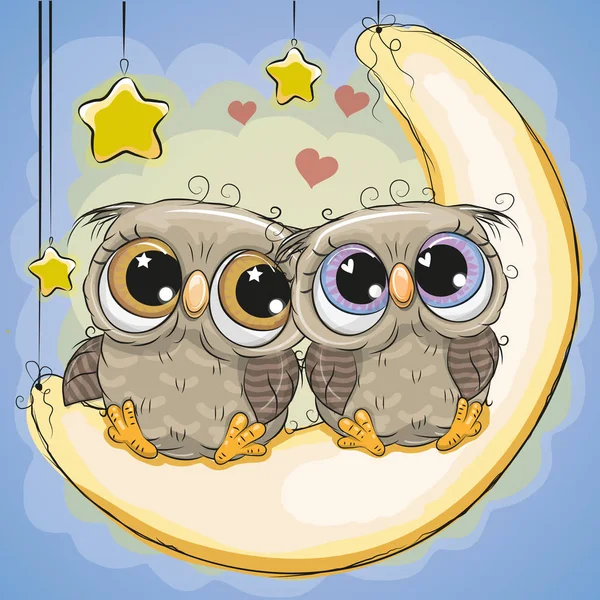 两个可爱的猫头鹰坐在月亮上 — 图库矢量图片