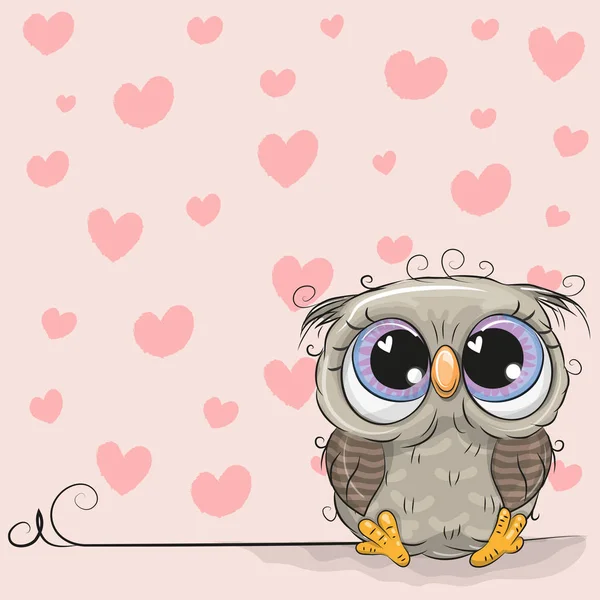 Cartoon Hibou sur fond de cœurs — Image vectorielle