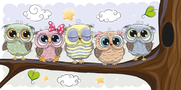 Cute Owls is sitting on a brunch — Stock Vector