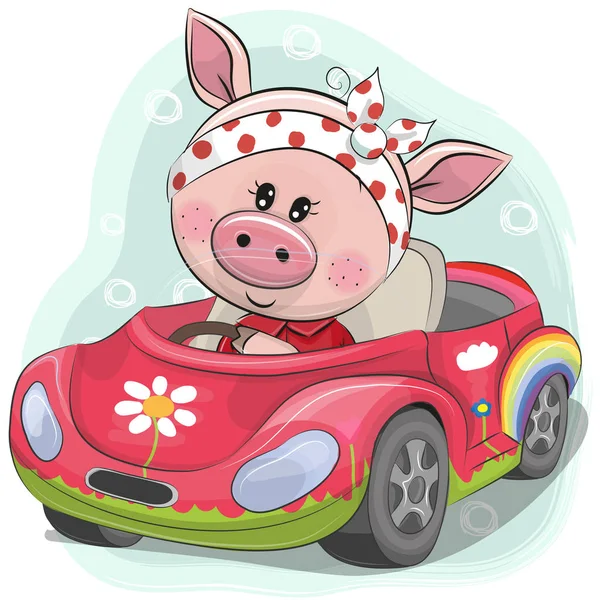 Mignon cochon fille va sur la voiture — Image vectorielle