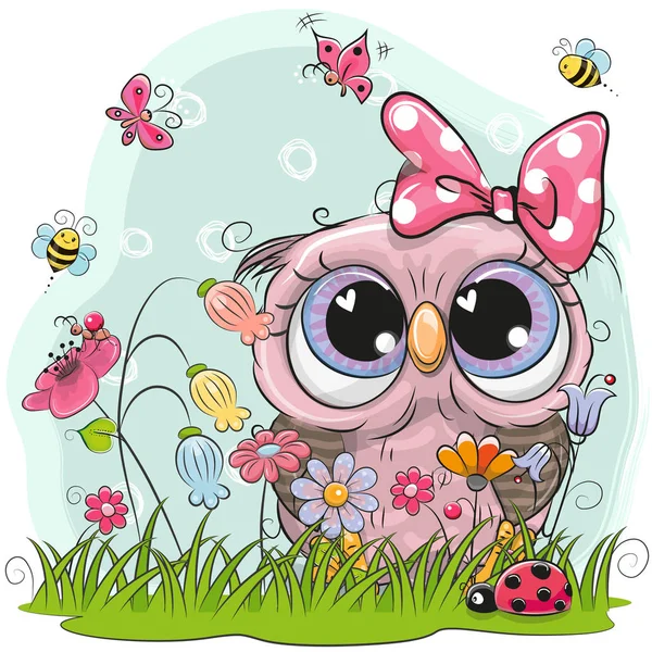 Cute Owl with flowers and butterflies — Stock Vector