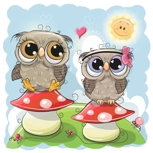 Two Cute Owls are sitting on mushrooms — Stock Vector