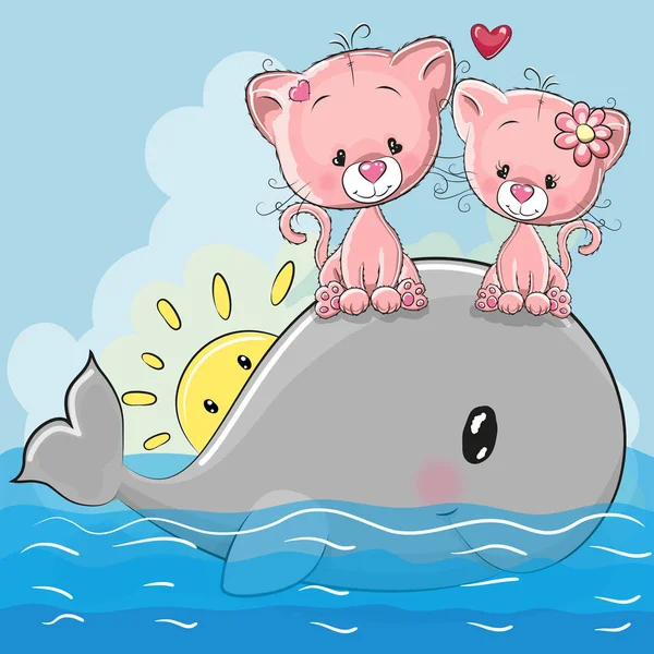 Gatinhos dos desenhos animados bonitos estão sentados na baleia — Vetor de Stock