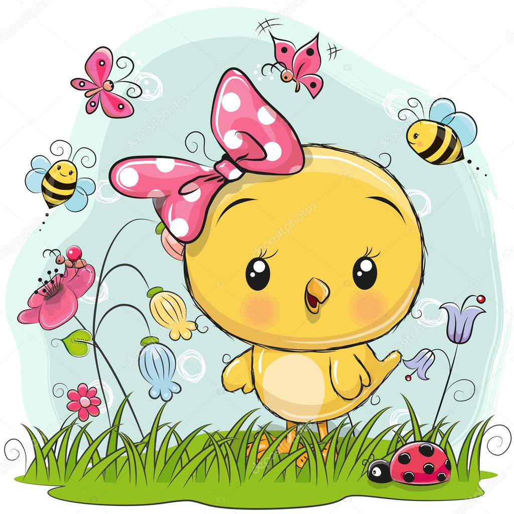 Cute Chicken with flowers and butterflies