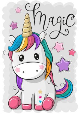 Gri bir arka plan üzerinde izole karikatür Unicorn