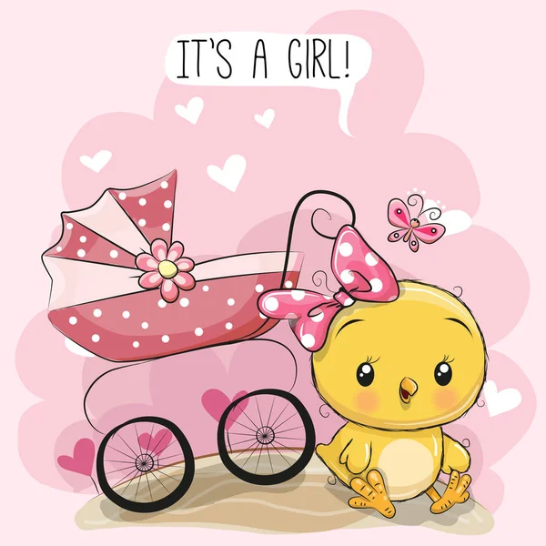 Greeting card är det en tjej med barnvagn — Stock vektor