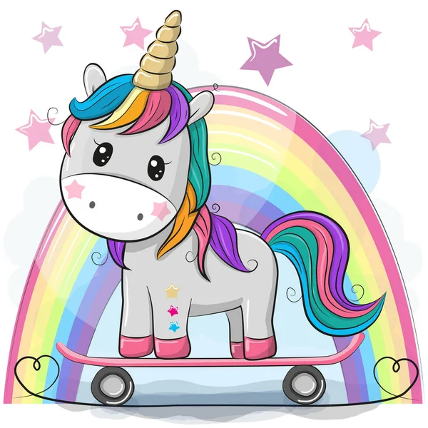 Schattige Cartoon Unicorn met skateboard — Stockvector